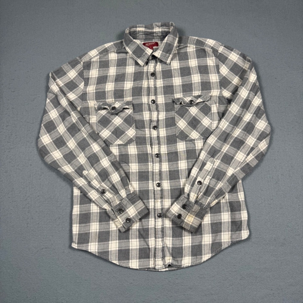 Arizona Jean Co Flannel Shirt Mens Small Gray White Plaid Button Down  Shirt